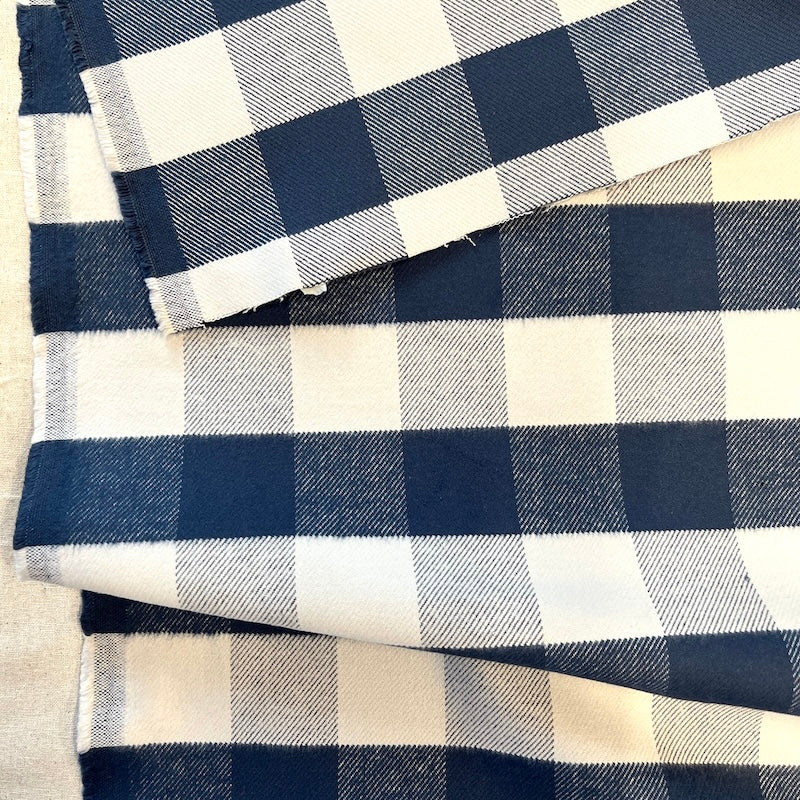 Deadstock - Cotton Heavyweight Brushed Twill - Buffalo Check Plaid - Navy and White