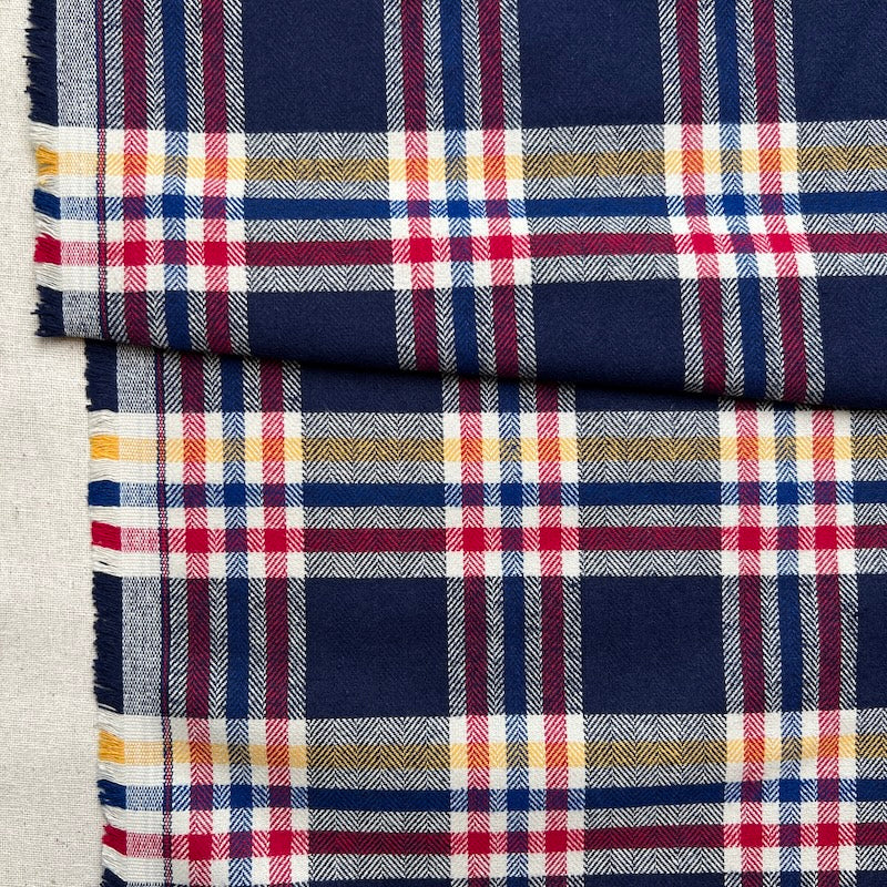 Deadstock - Cotton Flannel Twill - Plaid - Navy with Red and Gold