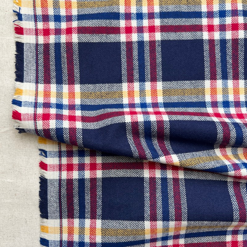 Deadstock - Cotton Flannel Twill - Plaid - Navy with Red and Gold