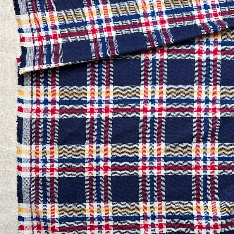 Deadstock - Cotton Flannel Twill - Plaid - Navy with Red and Gold