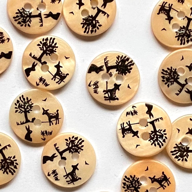 Textile Garden - River Shell Button - 12mm -  Peach with Trees, Rabbit, and Deer
