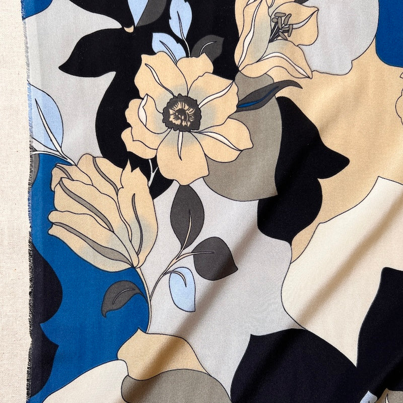 Deadstock - Silk Crepe de Chine - Floral - Smoke and Teal