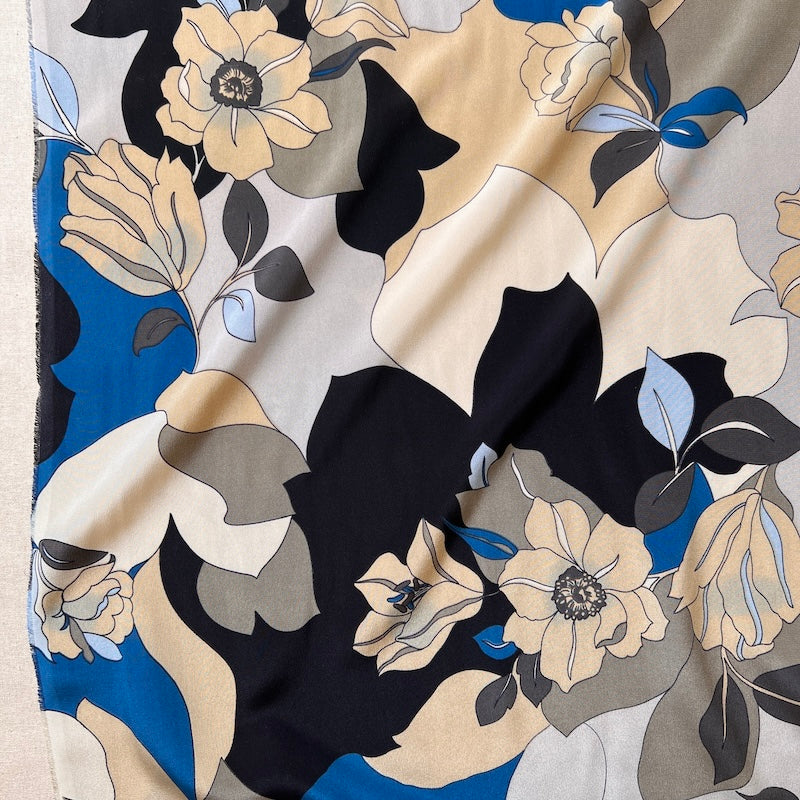 Deadstock - Silk Crepe de Chine - Floral - Smoke and Teal