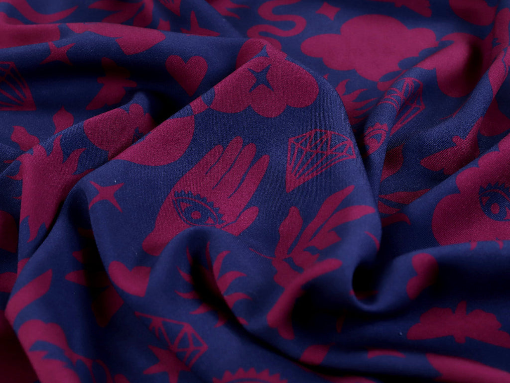 Fabric Godmother - Viscose Twill - Rune - Burgundy and Navy