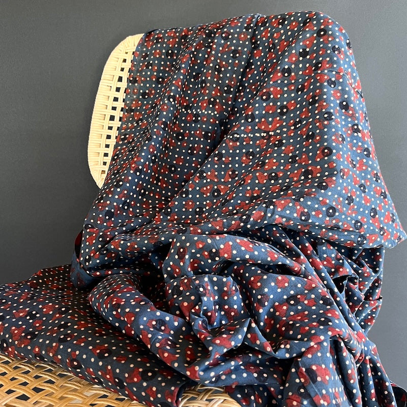 Ajrak Hand Block Print - Dot Grid - Navy with Red