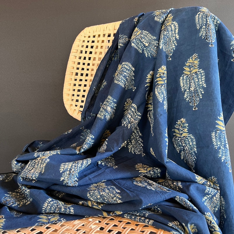 Ajrak Hand Block Print - Jungle Flower - Indigo