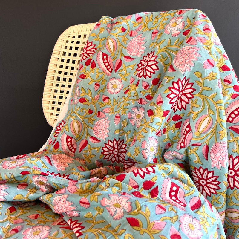Jaipuri Hand Block Print - Aqua Floral