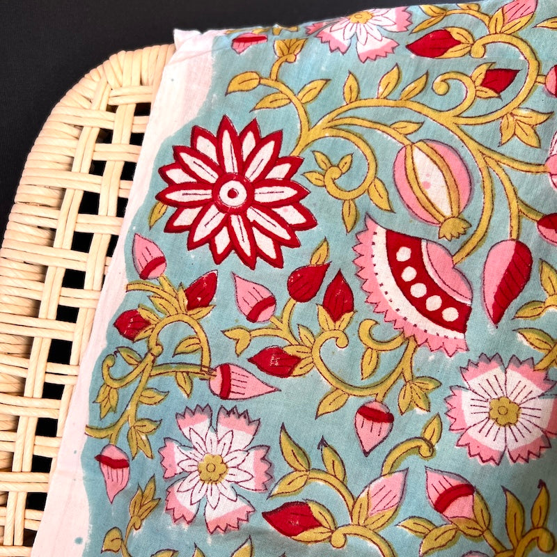 Jaipuri Hand Block Print - Aqua Floral