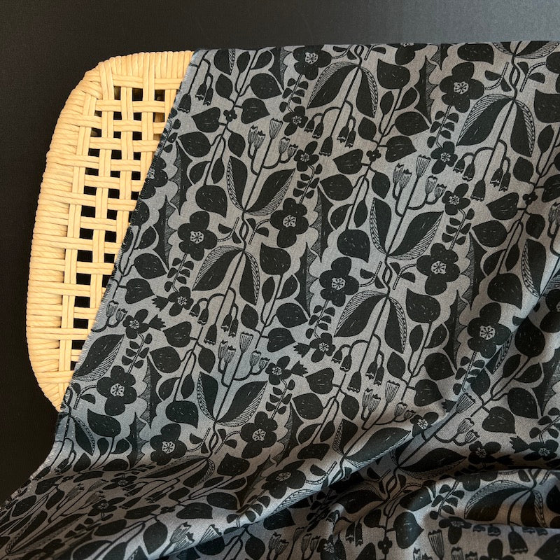 Kokka - Cotton/Linen Lightweight Canvas - Scandi Botanical - Grey and Black