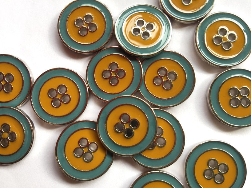 Textile Garden - Metal Buttons - Silver Rim - Green and Mustard - Various Sizes