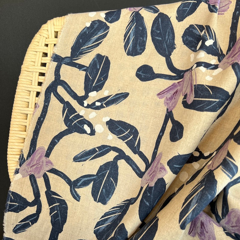 Hokkoh - Cotton Linen Sheeting - Fingerpaint Flowers and Vines - Natural