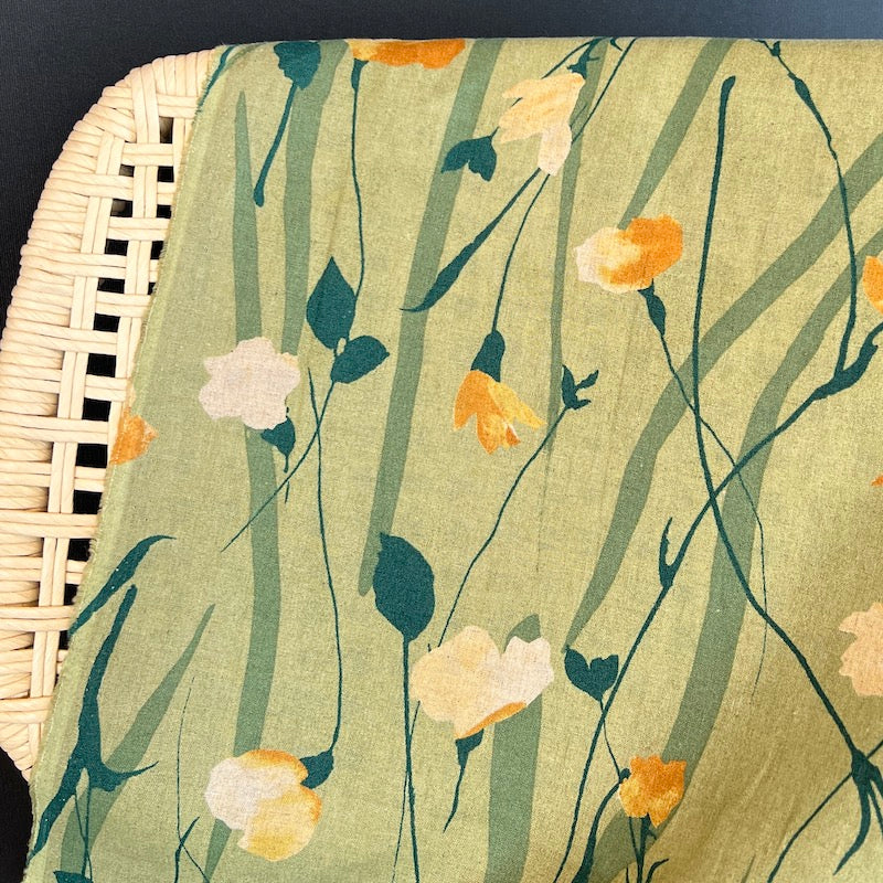 Hokkoh - Cotton Linen Sheeting - Watercolor Gestural Poppies - Green and Orange