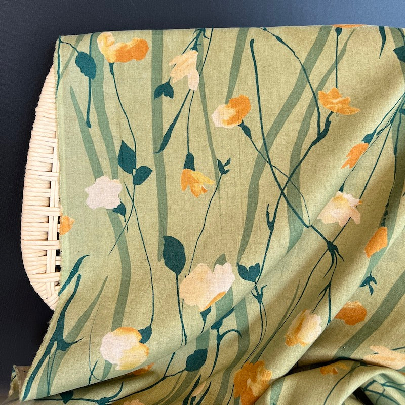 Hokkoh - Cotton Linen Sheeting - Watercolor Gestural Poppies - Green and Orange