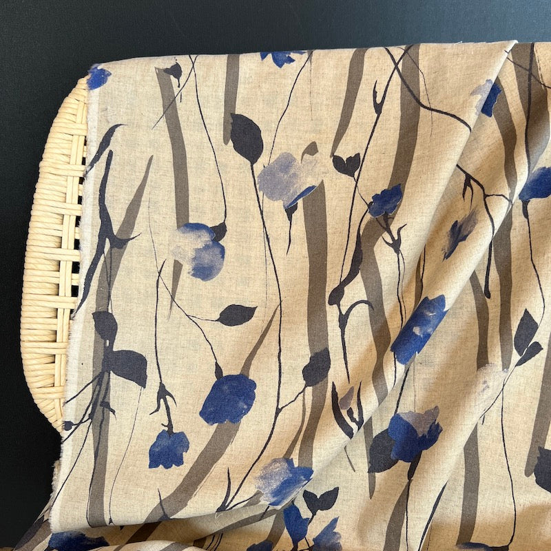 Hokkoh - Cotton Linen Sheeting - Watercolor Gestural Poppies - Natural and Cobalt