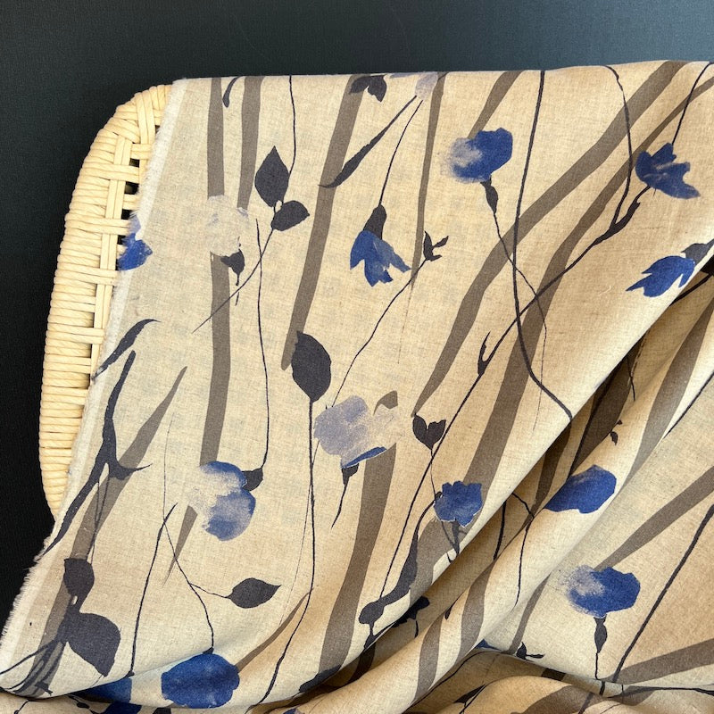 Hokkoh - Cotton Linen Sheeting - Watercolor Gestural Poppies - Natural and Cobalt