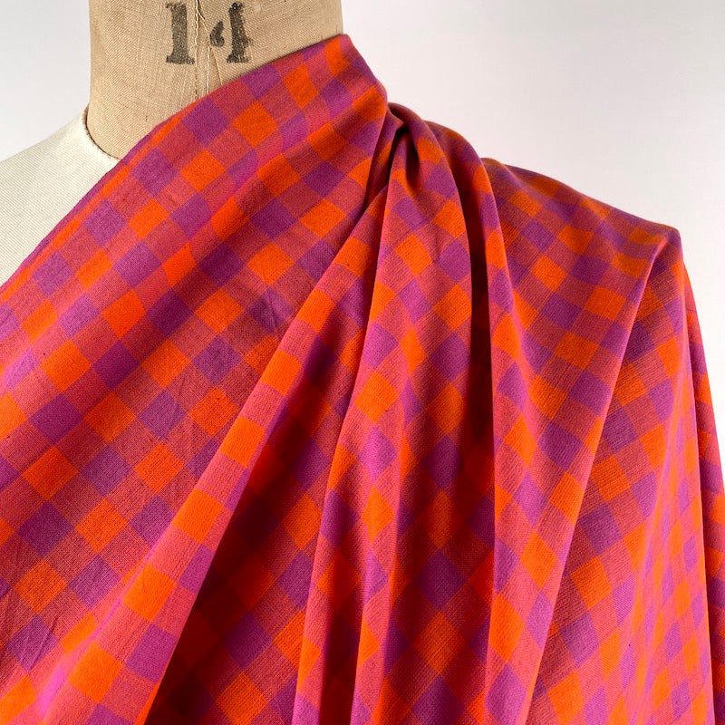 Khadi Handwoven Cotton - Yarn Dyed Check - Fuchsia and Orange Fabric