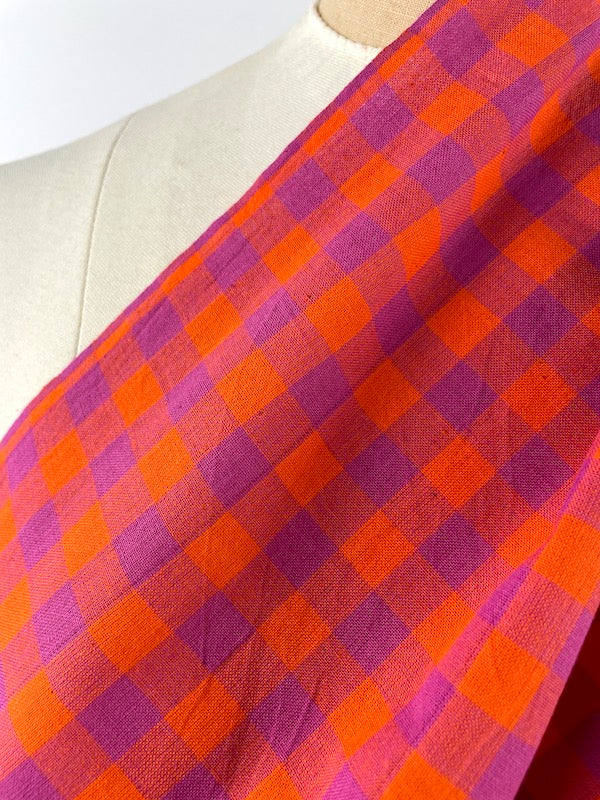 Khadi Handwoven Cotton - Yarn Dyed Check - Fuchsia and Orange