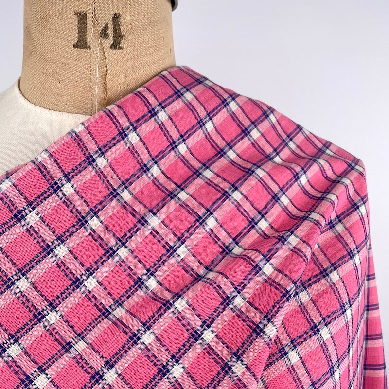 Khadi Handwoven Cotton - Yarn Dyed Check - Pink and Navy Fabric
