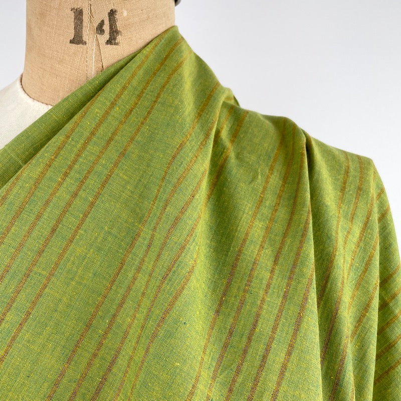 Khadi Handwoven Cotton - Yarn Dyed Stripe - Pea Green fabrid