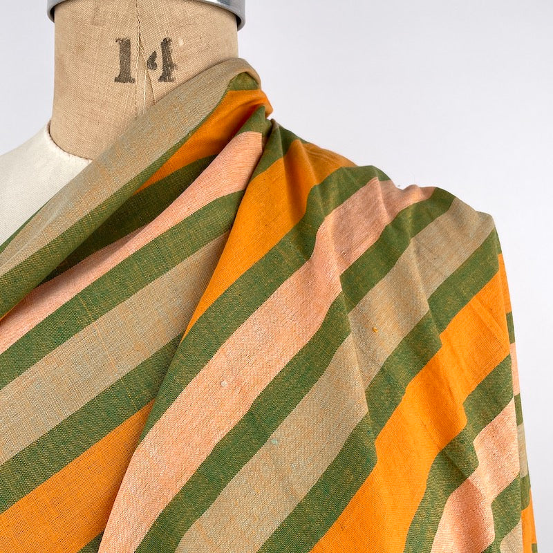 Khadi Handwoven Cotton - Yarn Dyed Stripe - Orange and Green Fabric