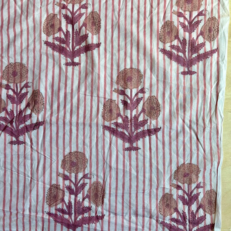 Sanganeri Hand Block Print - Mul Cotton - Pink Stripe Floral