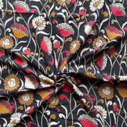 Kalamkari Print - Cotton - Vining Lotus - Cinnabar on Black
