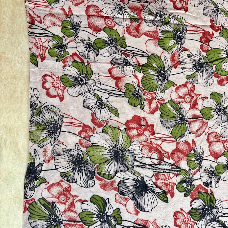 Kalamkari Print - Cotton - Anemones - Olive and Cherry on Natural