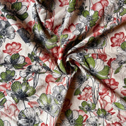 Kalamkari Print - Cotton - Anemones - Olive and Cherry on Natural