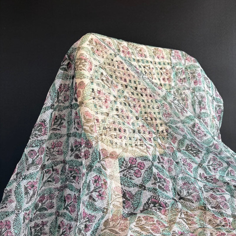 Sanganeri Hand Block Print - Doria Cotton - Trellis - White