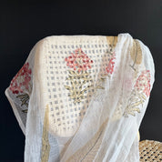 Sanganeri Hand Block Print - Doria Cotton - Leaves and Flowers - White