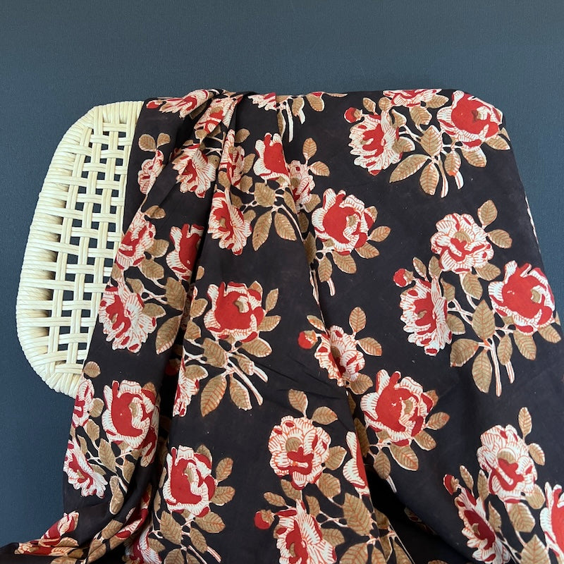 Bagru Hand Block Print - Cotton - Roses on Black