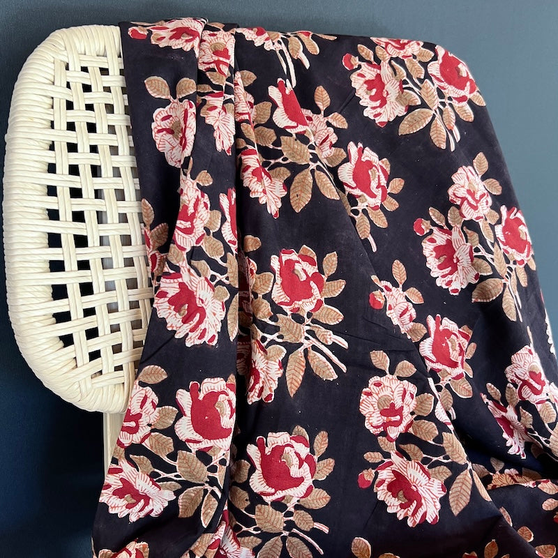 Bagru Hand Block Print - Cotton - Roses on Black
