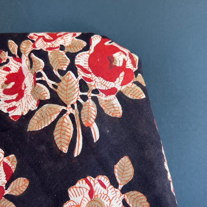 Bagru Hand Block Print - Cotton - Roses on Black