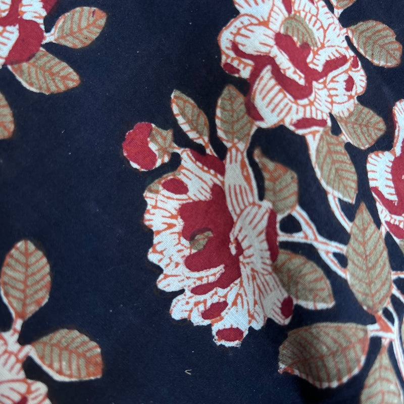 Bagru Hand Block Print - Cotton - Roses on Black