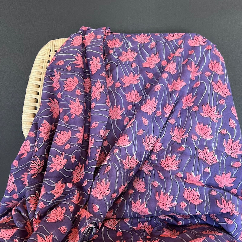Sanganeri Hand Block Print - Cotton - Lotus Flowers - Purple