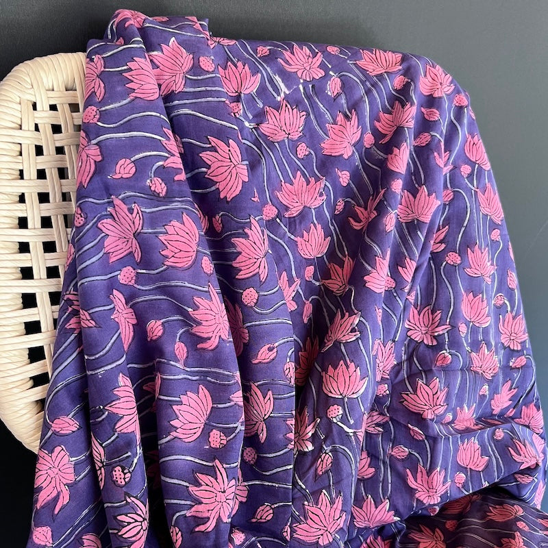 Sanganeri Hand Block Print - Cotton - Lotus Flowers - Purple
