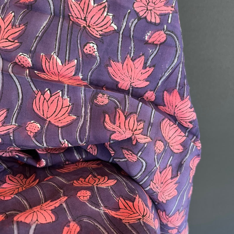 Sanganeri Hand Block Print - Cotton - Lotus Flowers - Purple