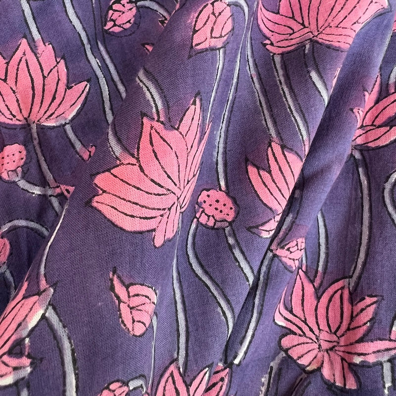 Sanganeri Hand Block Print - Cotton - Lotus Flowers - Purple