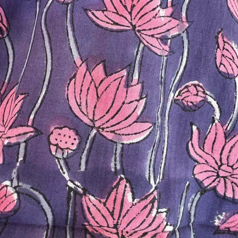Sanganeri Hand Block Print - Cotton - Lotus Flowers - Purple