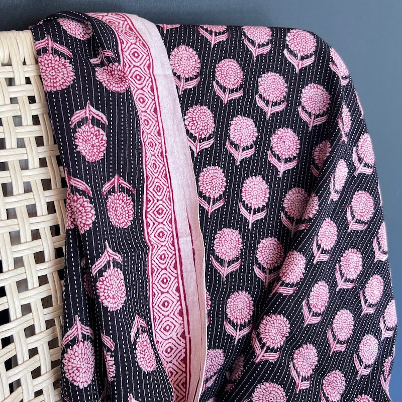 Bagh Hand Block Print Kantha Style - Cotton - Flower Motif on Black