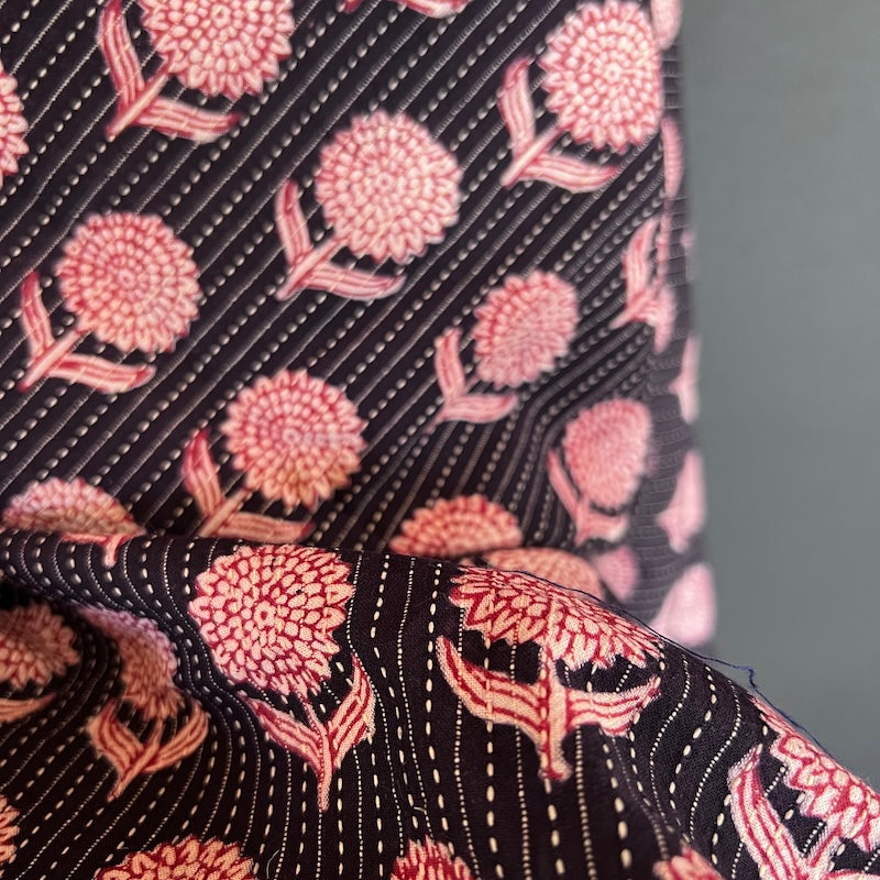 Bagh Hand Block Print Kantha Style - Cotton - Flower Motif on Black