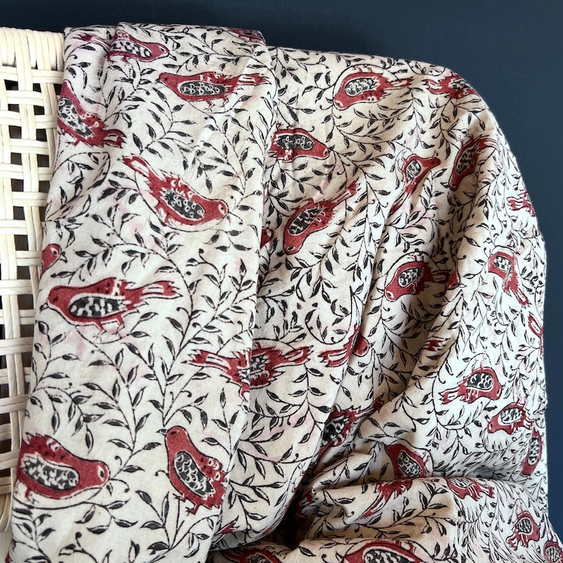 Kalamkari Hand Block Print - Cotton - Birds on Natural