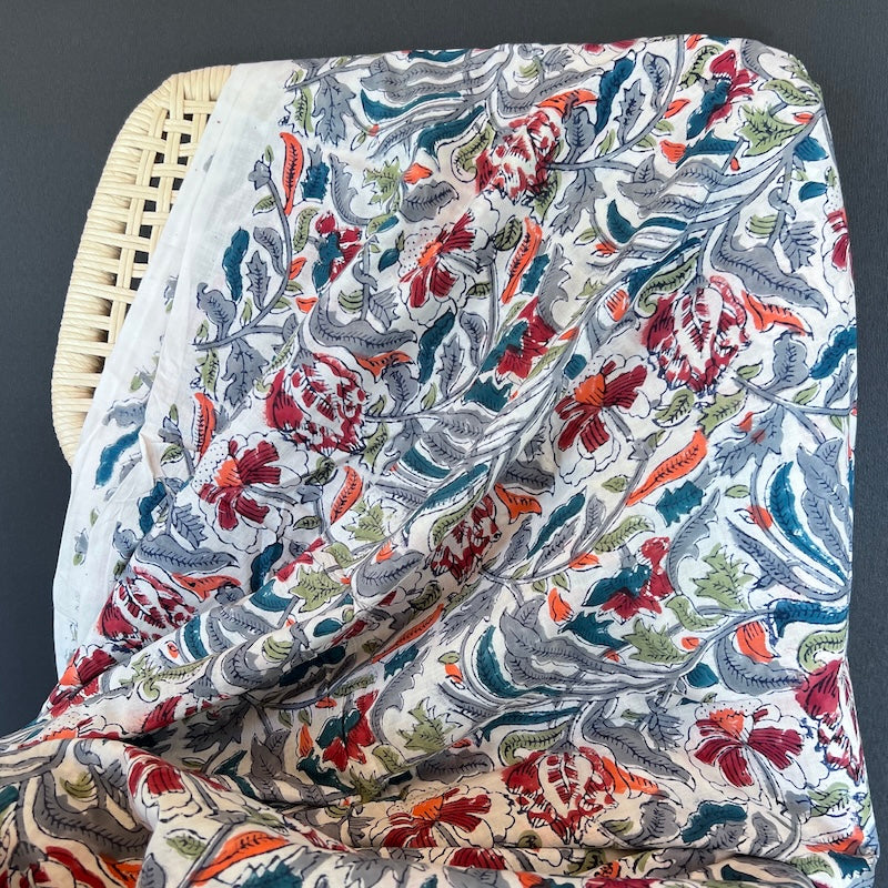 Sanganeri Hand Block Print - Cotton - Red and Grey Floral on Cream