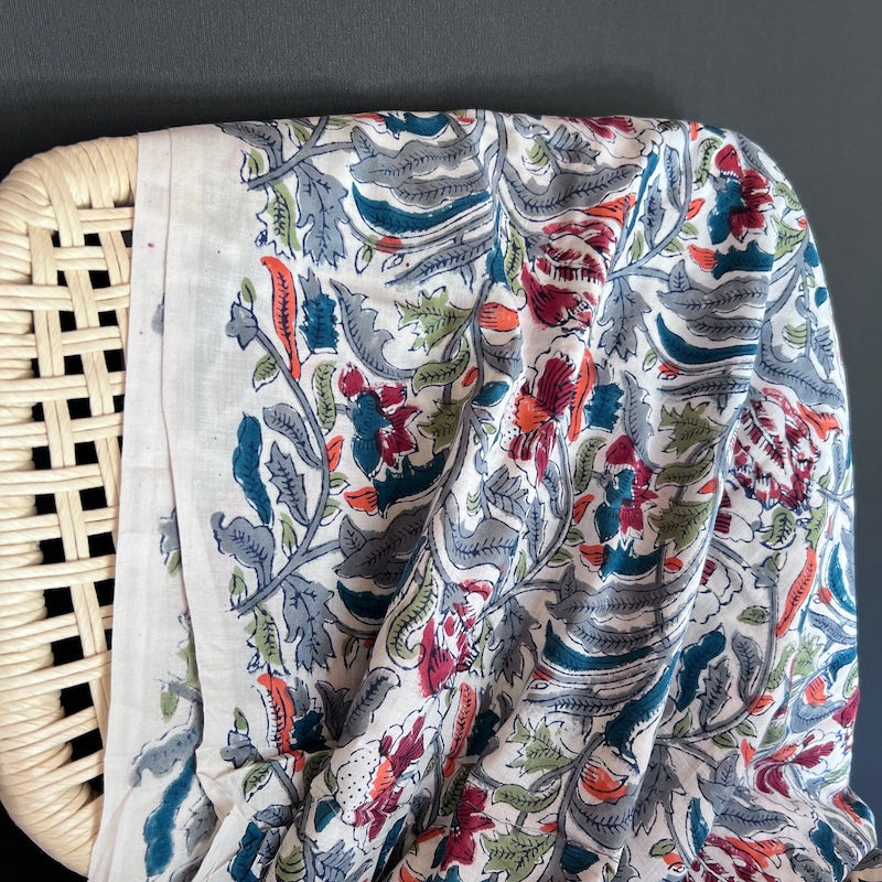 Sanganeri Hand Block Print - Cotton - Red and Grey Floral on Cream