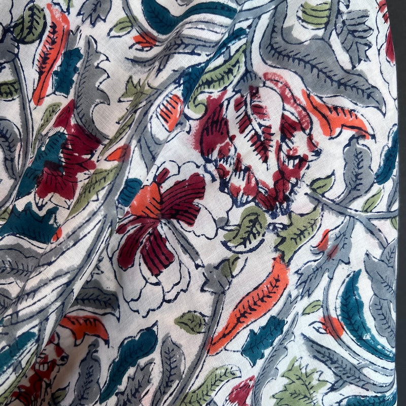 Sanganeri Hand Block Print - Cotton - Red and Grey Floral on Cream