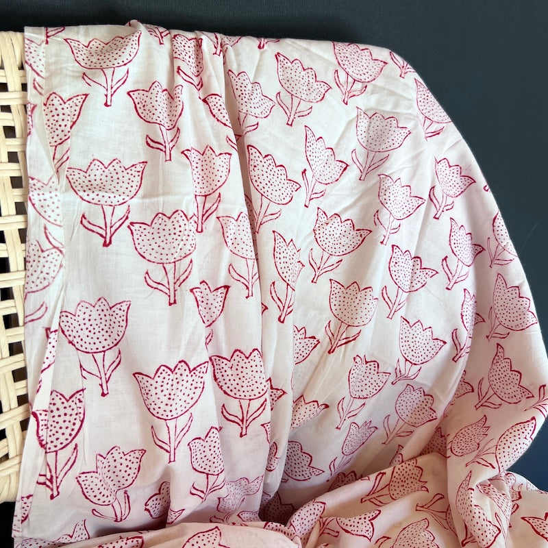 Sanganeri Hand Block Print - Red Flowers on Cream