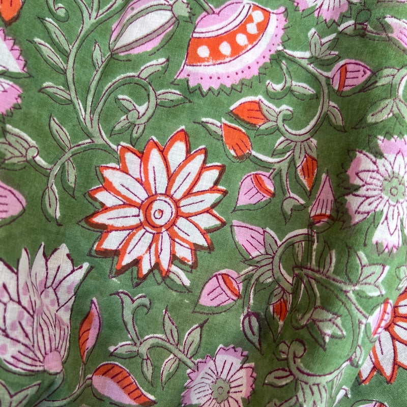 Sanganeri Hand Block Print - Green Floral