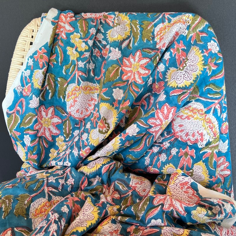 Sanganeri Hand Block Print - Floral on Teal