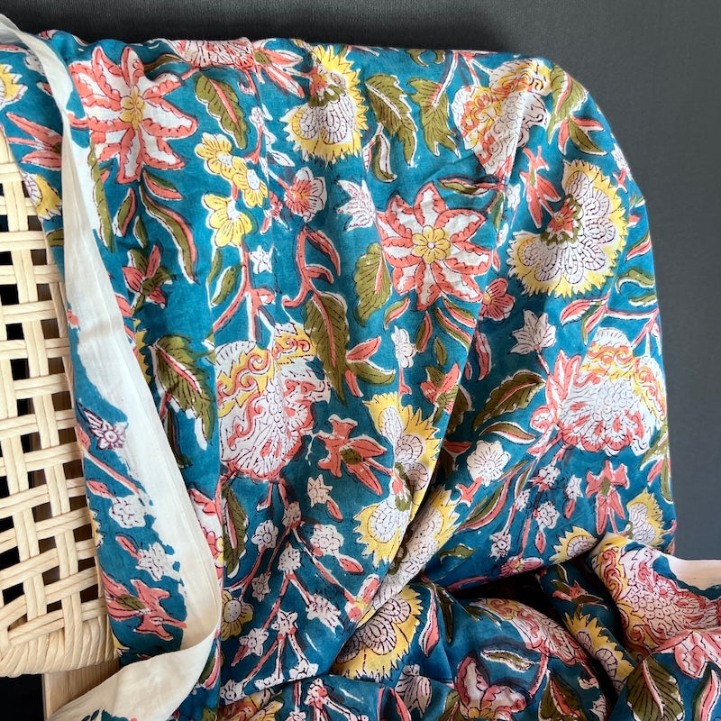 Sanganeri Hand Block Print - Floral on Teal