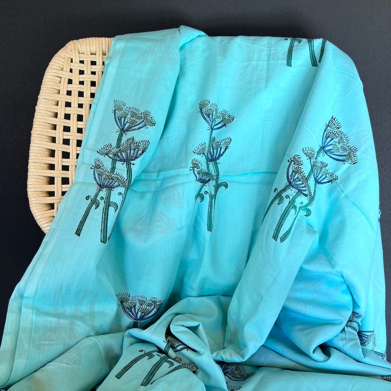 Sanganeri Hand Block Print - Umbels on Aqua
